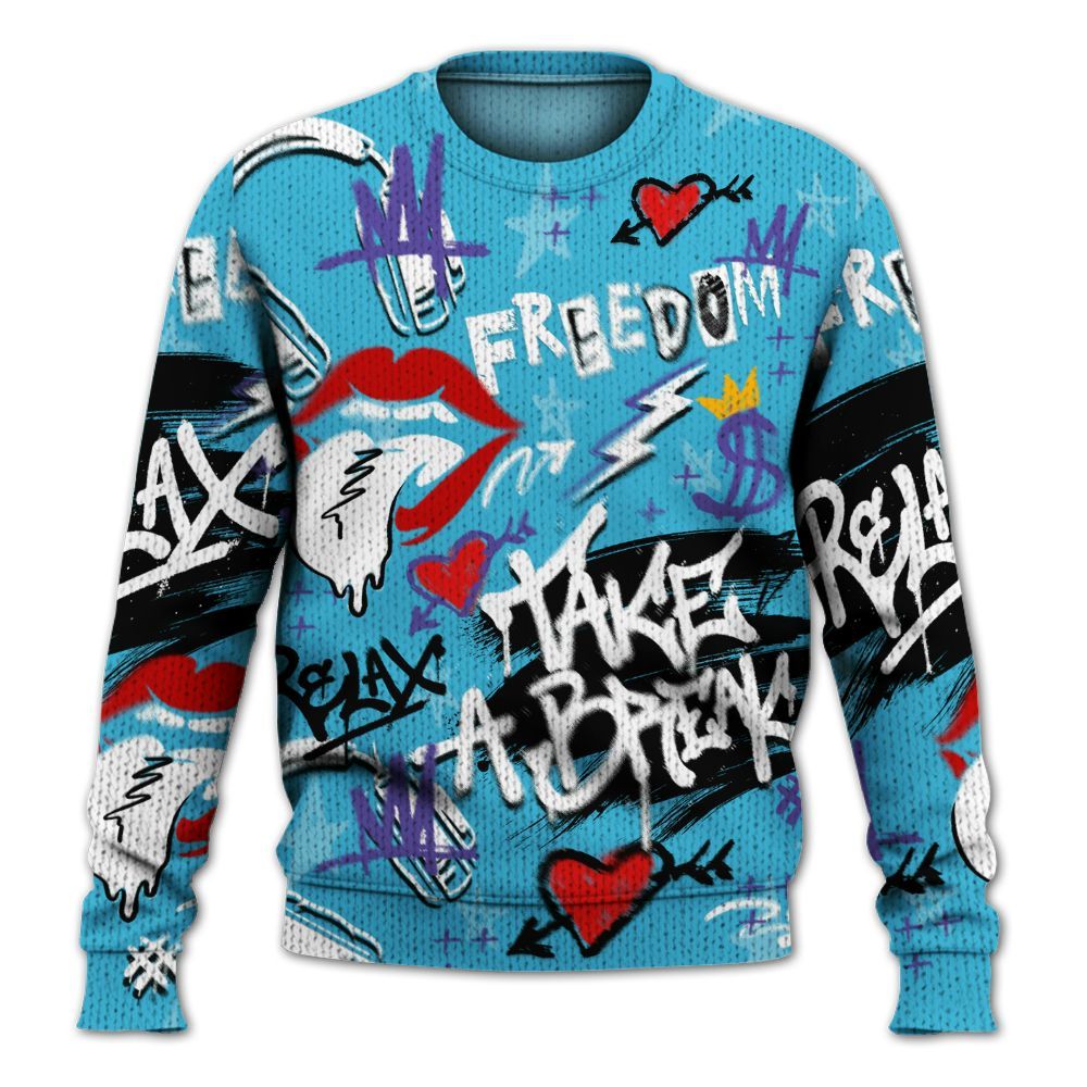 Knitted Sweater To Match Retro Aqua 6s - Take Break Freedom Graffiti Streetwear
