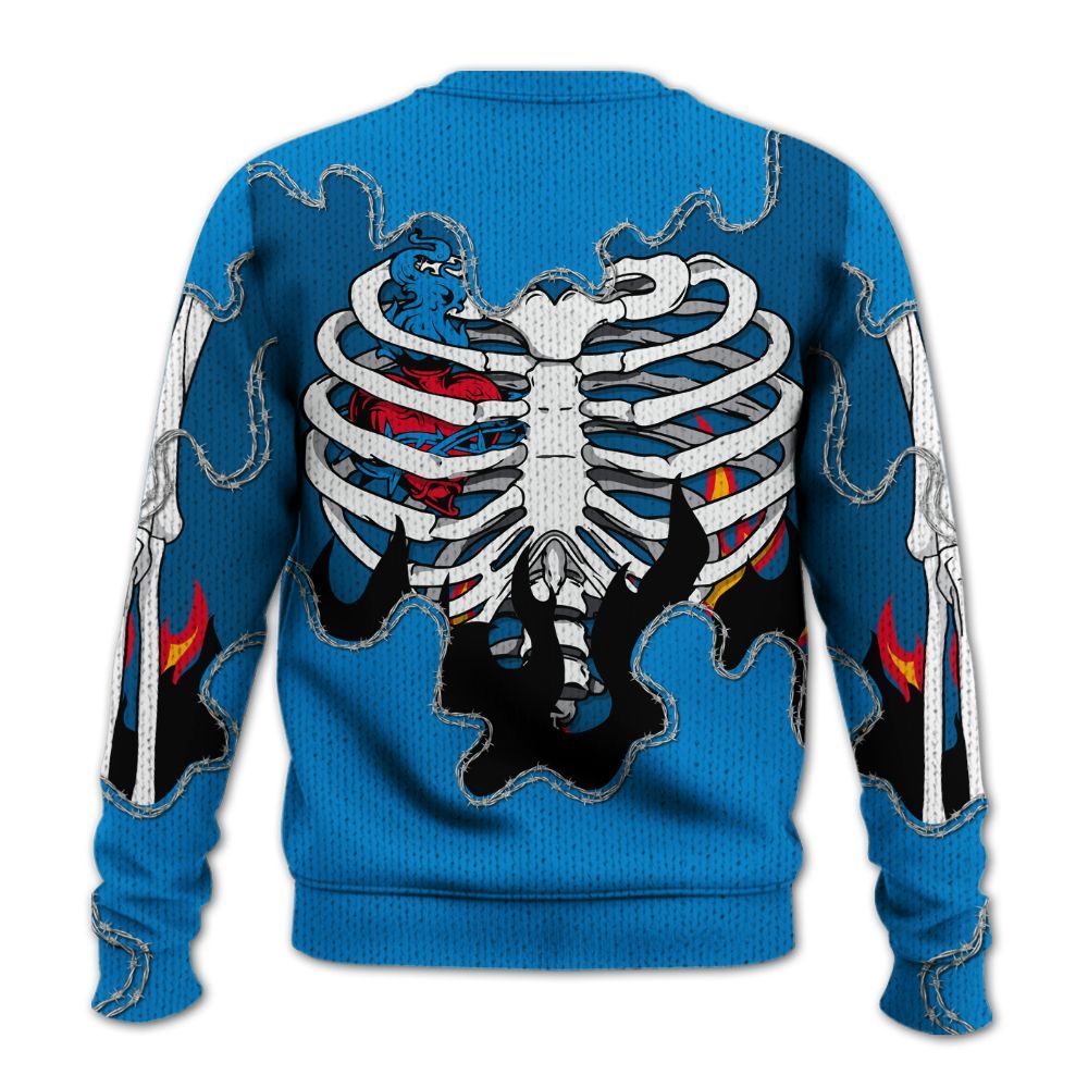 Knitted Sweater To Match Industrial Blue 4s - Skeleton Heart On Fire Military Blue 4s