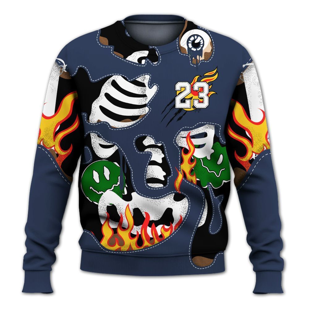 Sweatshirt To Match Midnight Navy 13s - Skeleton Smile Flame Drip All Over Print