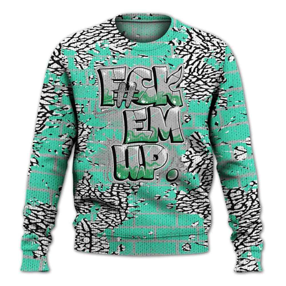 Knitted Sweater To Match Black Green Glow 3s - F#ck Em Graphic Brick Art