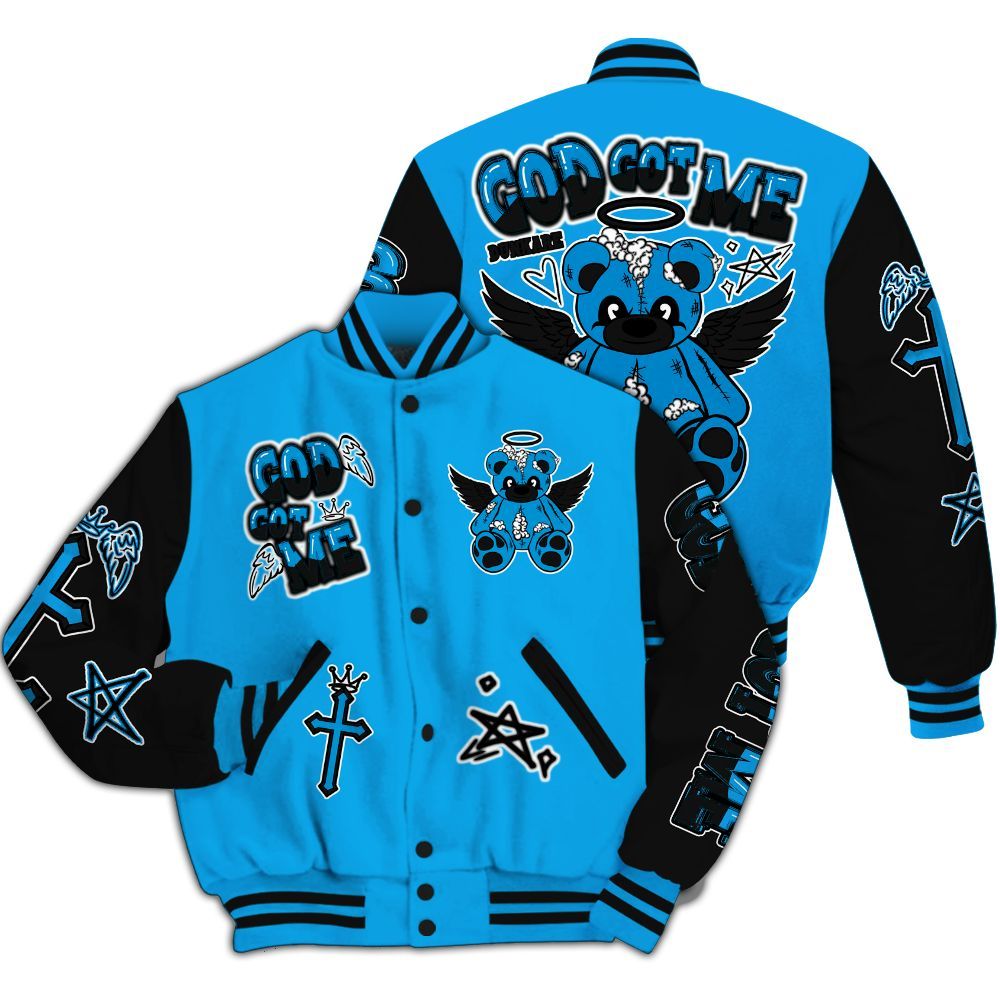 Varsity Jacket To Match Black University Blue 2022 13s - Gods Guides Me Bear All Over Print