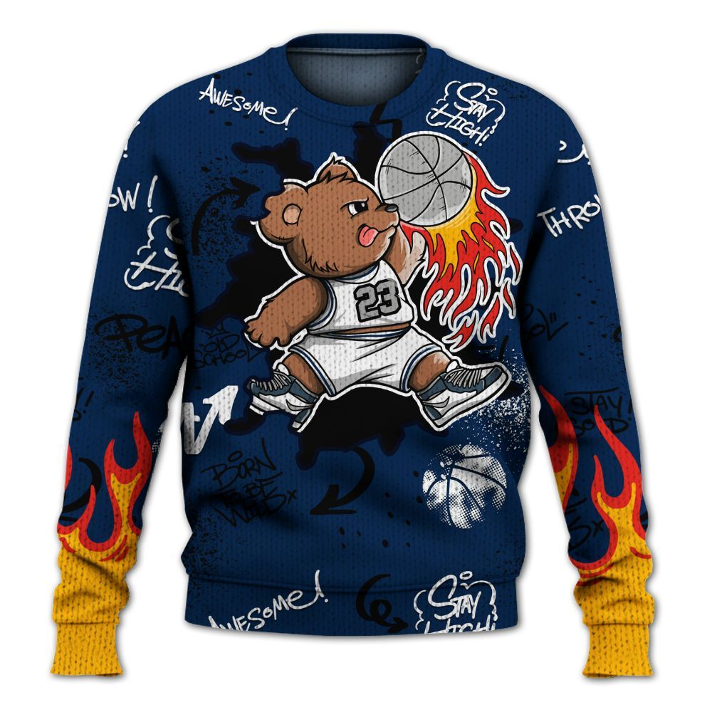 Knitted Sweater To Match SB White Navy 4s - Number 23 Basketball Bear Custom Name