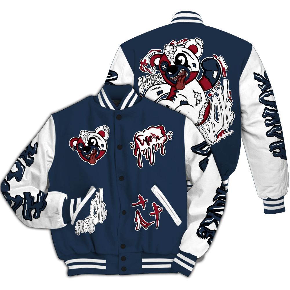 Varsity Jacket To Match White Midnight Navy 6s - Havok Bear All Over Print