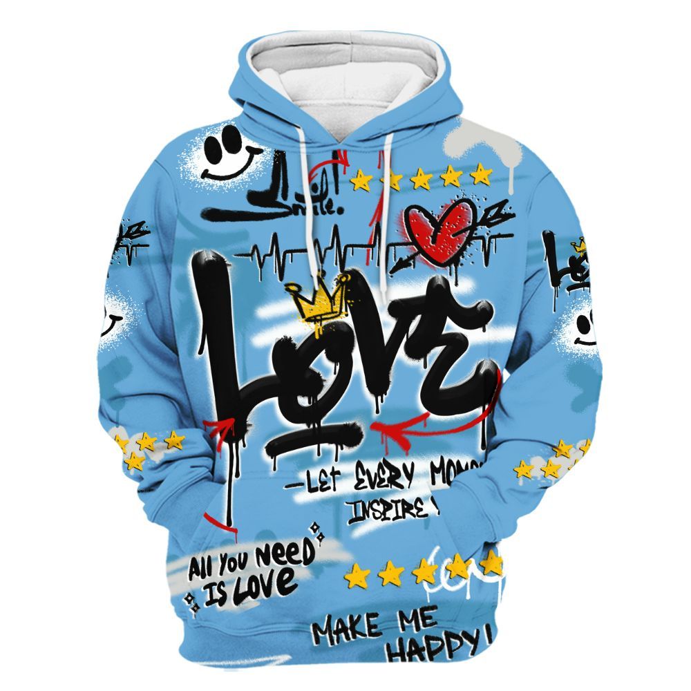 Hoodie To Match SB Dunk Low University Blue - Happy Love Beats Graffiti Streetwear All Over Print