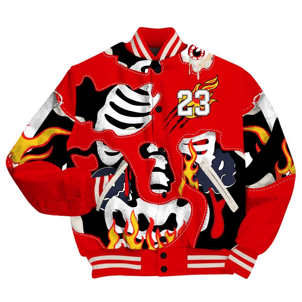 Varsity Jacket To Match Low OG Howard University 1s - Skeleton Smile Flame Drip All Over Print