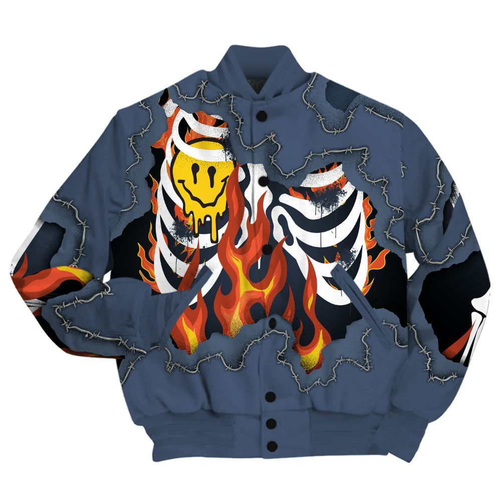 Varsity Jacket To Match Low Diffused Blue 11s Shirt, Skeleton On Fire Skrrt All Over Print