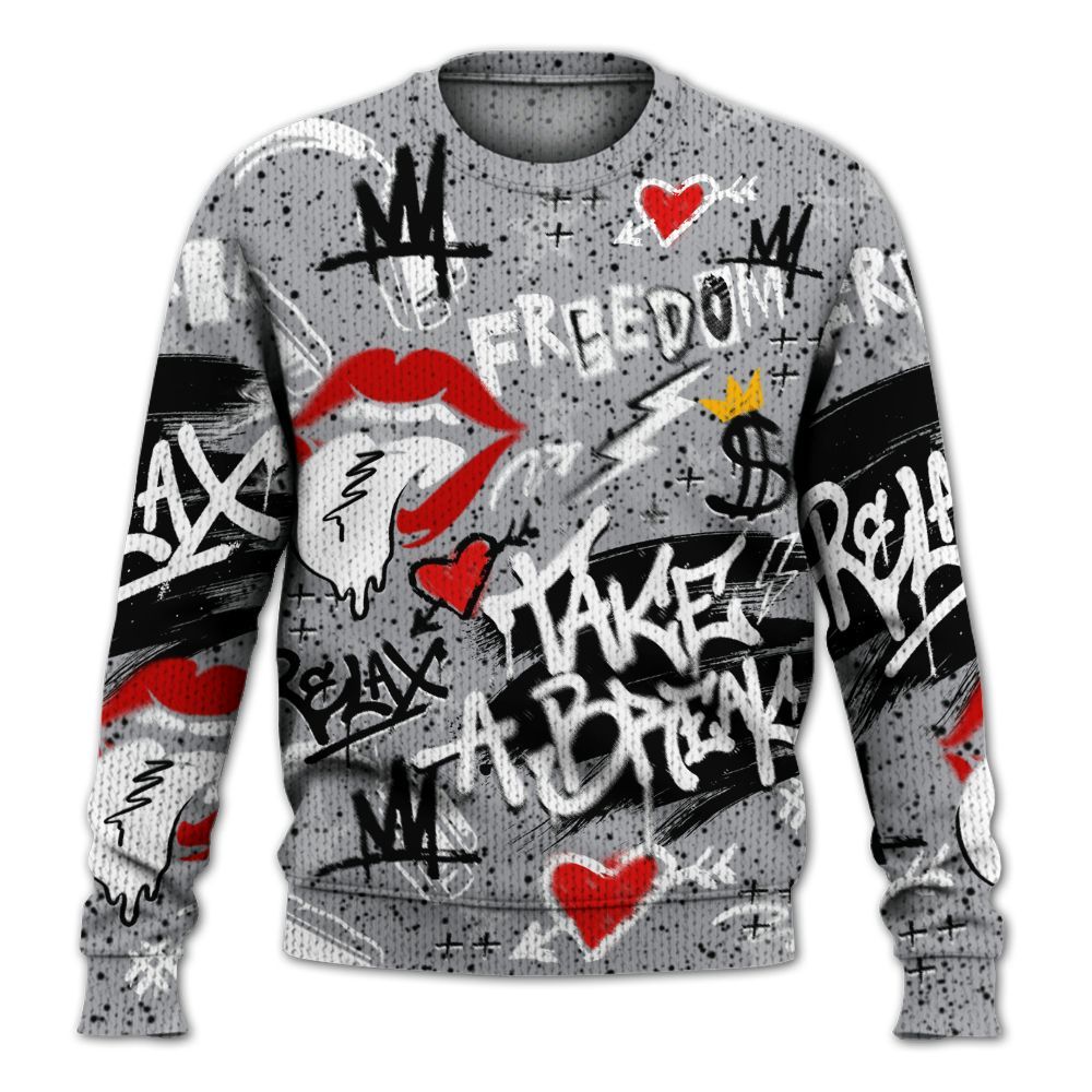 Knitted Sweater To Match White Cement 4s - Take Break Freedom Graffiti Streetwear