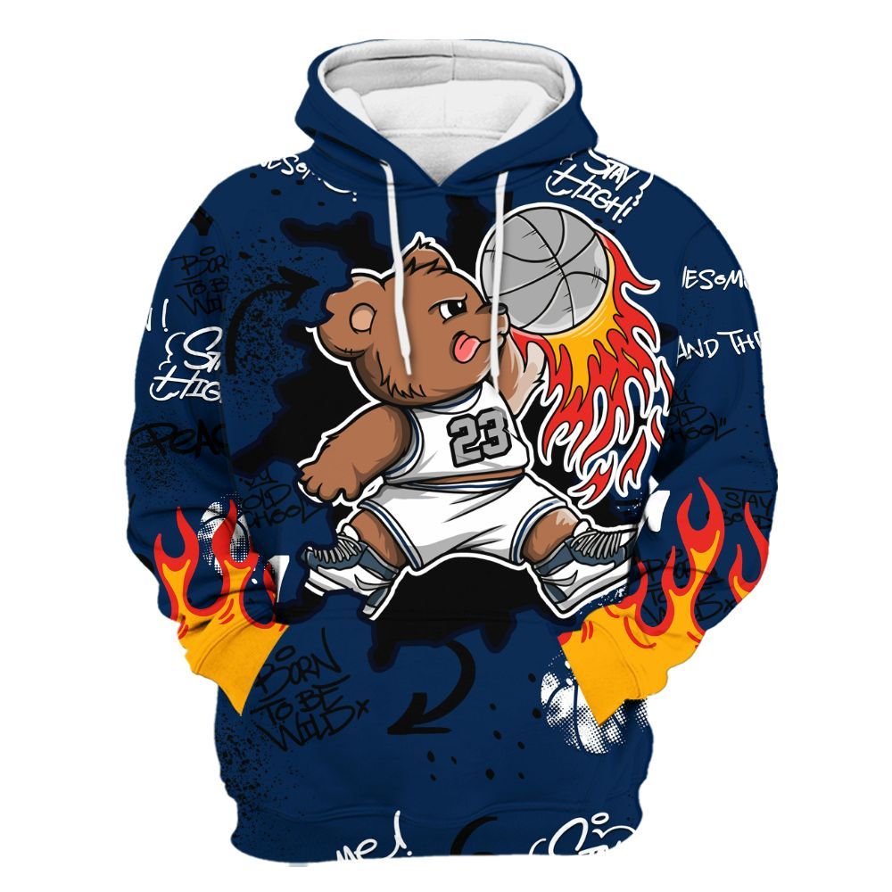 Hoodie To Match SB White Navy 4s - Number 23 Basketball Bear Custom Name All Over Print
