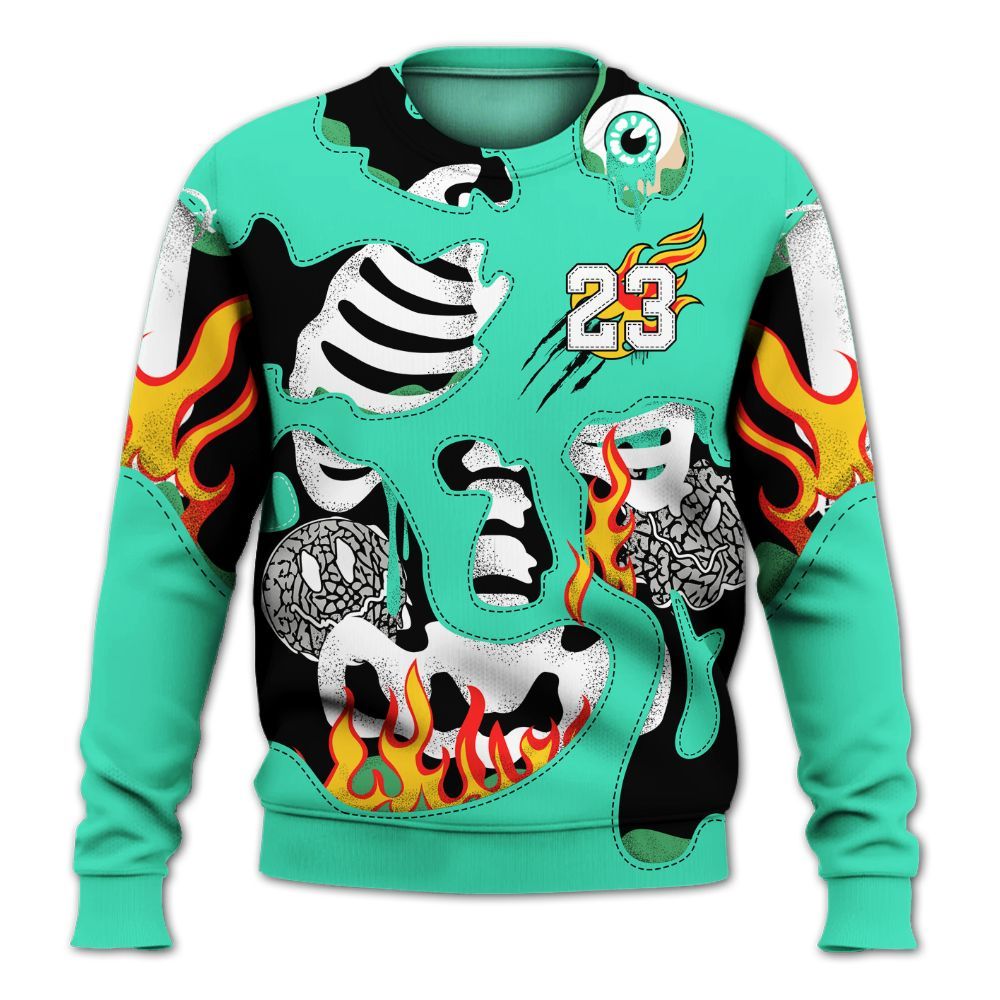 Sweatshirt To Match Black Green Glow 3s - Skeleton Smile Flame Drip Green Glow 3s All Over Print