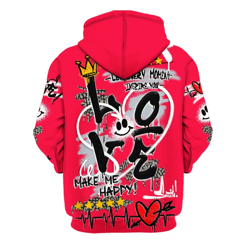 Hoodie To Match Retro Fire Red 3s - Happy Love Beats Graffiti Streetwear All Over Print