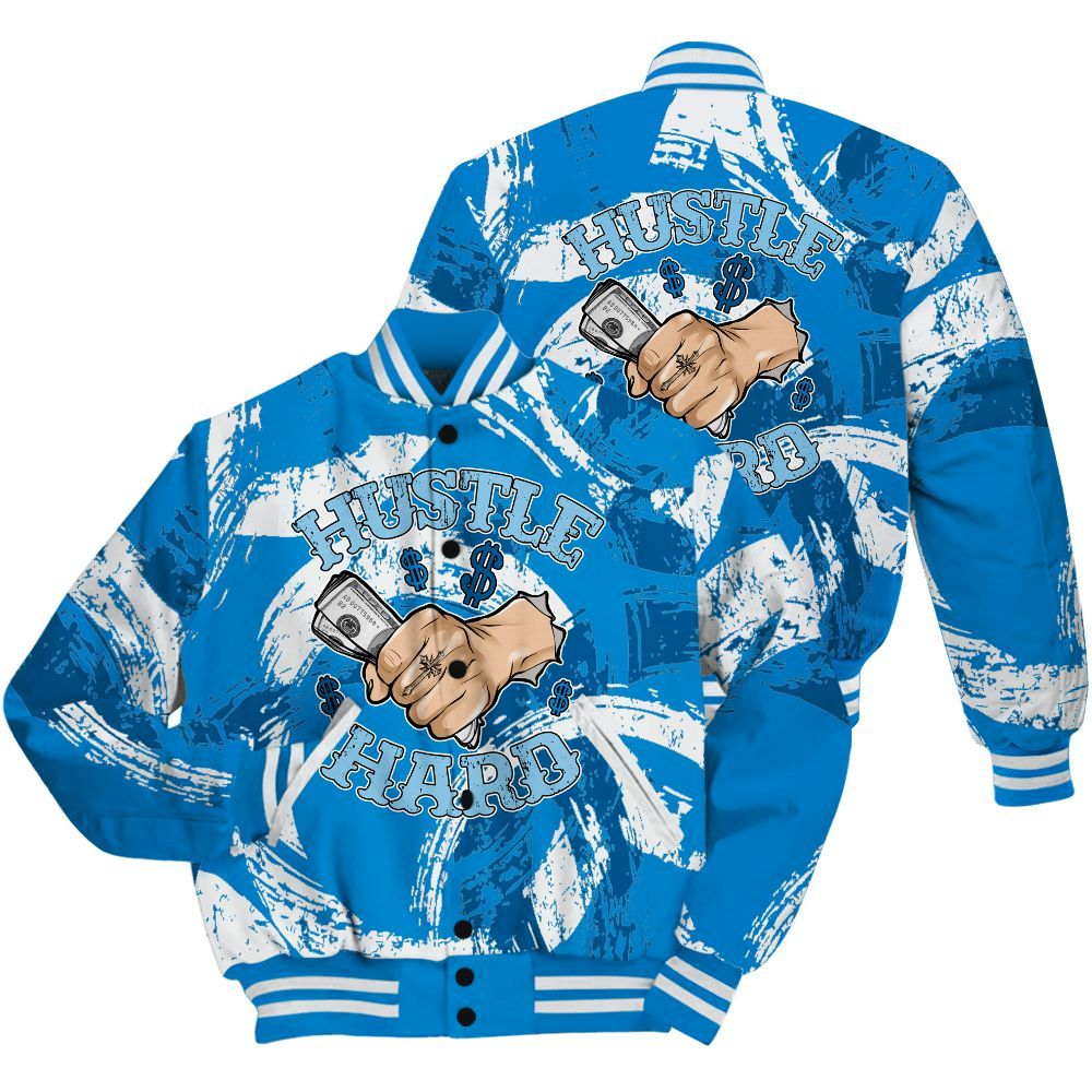 Varsity Jacket To Match Industrial Blue 4s Shirt - Hustles Hard! Splash All Over Print