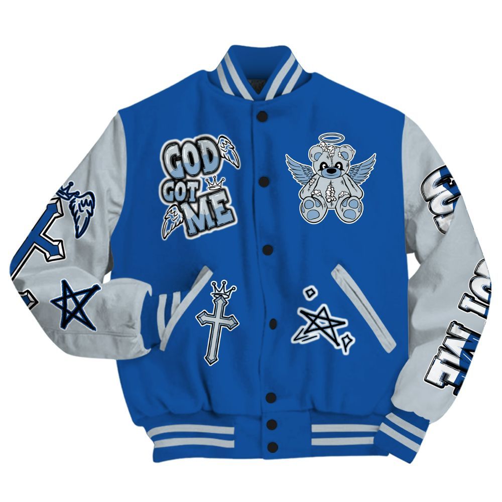 Varsity Jacket To Match Low Space Royal 11s - Gods Guides Me Bear All Over Print