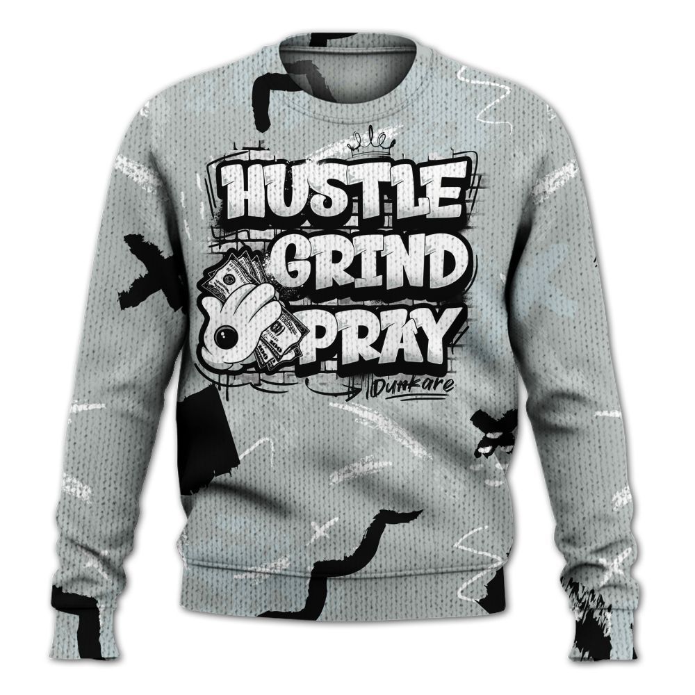 Knitted Sweater To Match Black Wolf Grey 12s - Hustle Grind Pray Graphic Street Style