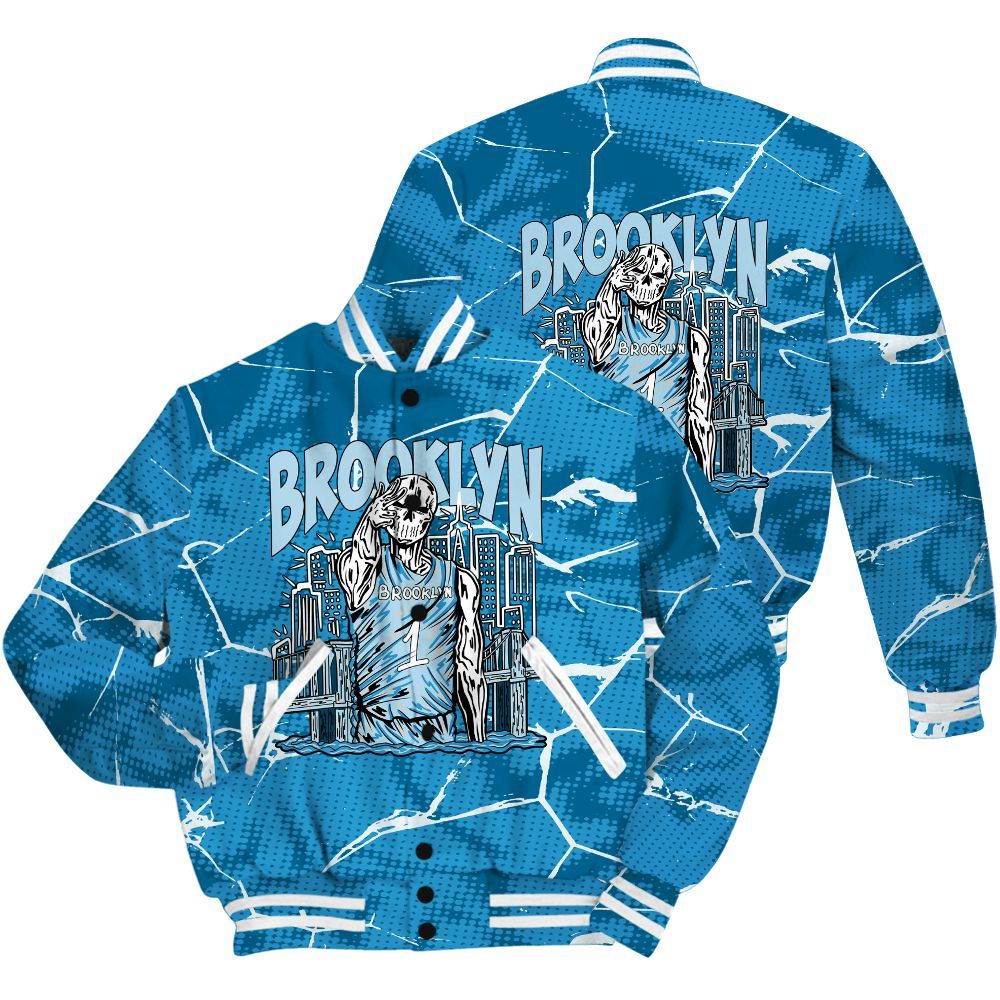Varsity Jacket To Match Powder Blue 9s Shirt - Brooklyn's Skeleton Crack All Over Print