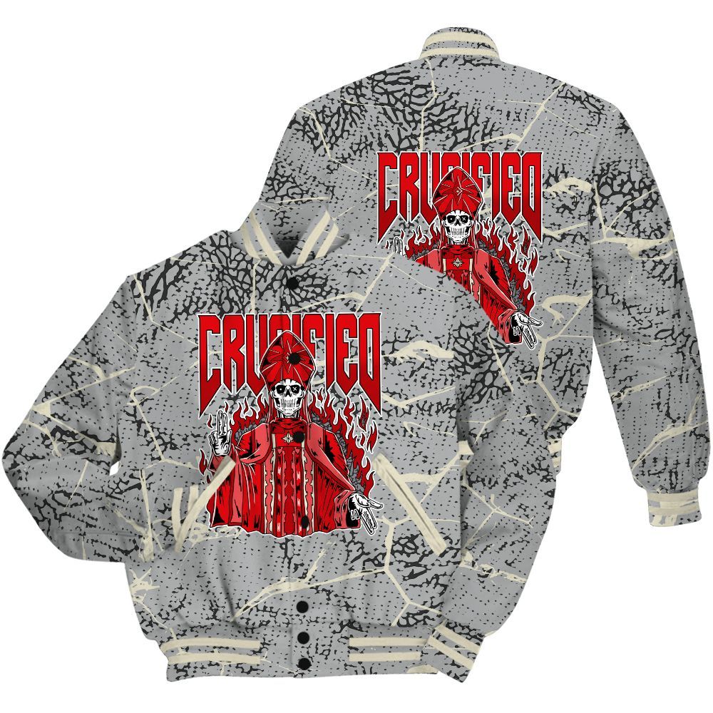 Varsity Jacket To Match Cement Grey 3s Shirt - Crucified Skeleton Crack All Over Print