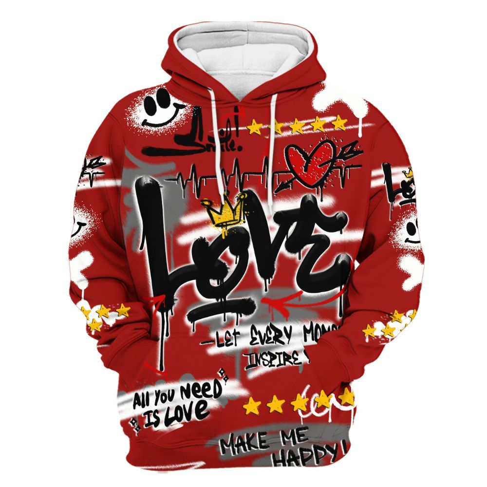 Hoodie To Match High OG Varsity Red 1s - Happy Love Beats Graffiti Streetwear All Over Print