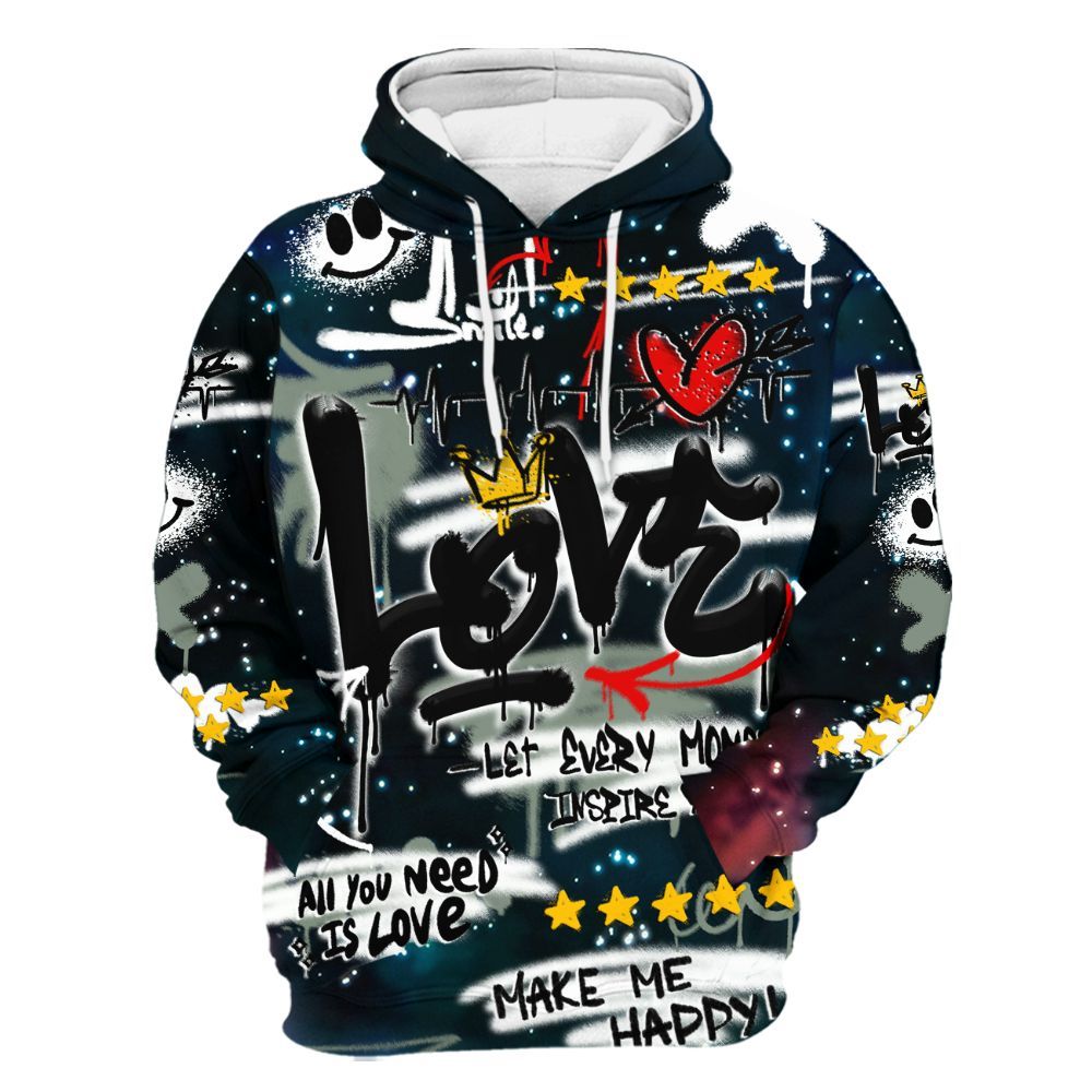 Hoodie To Match Air Foamposite One Galaxy - Happy Love Beats Graffiti Streetwear All Over Print