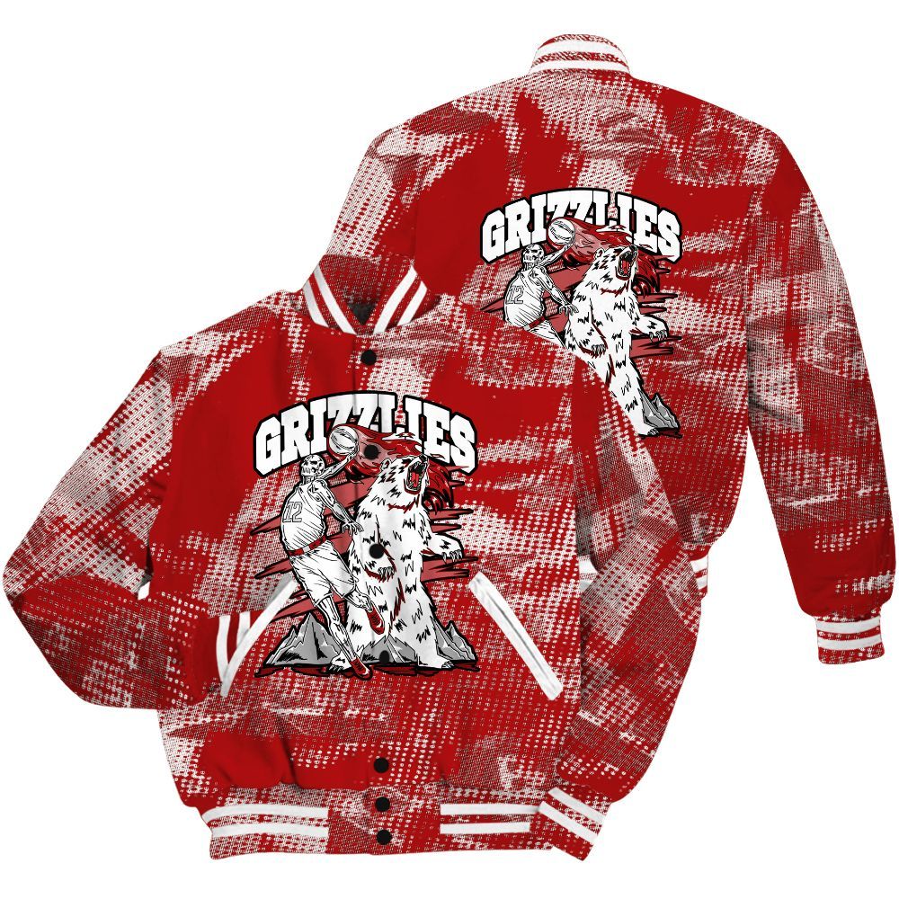 Varsity Jacket To Match Red Taxi 12s Shirt - Grizzly Bear Skeleton Brown Sugar All Over Print