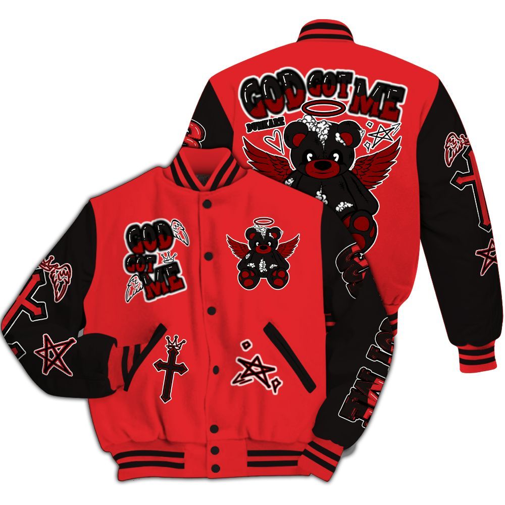 Varsity Jacket To Match Chile Red 9s - Gods Guides Me Bear All Over Print