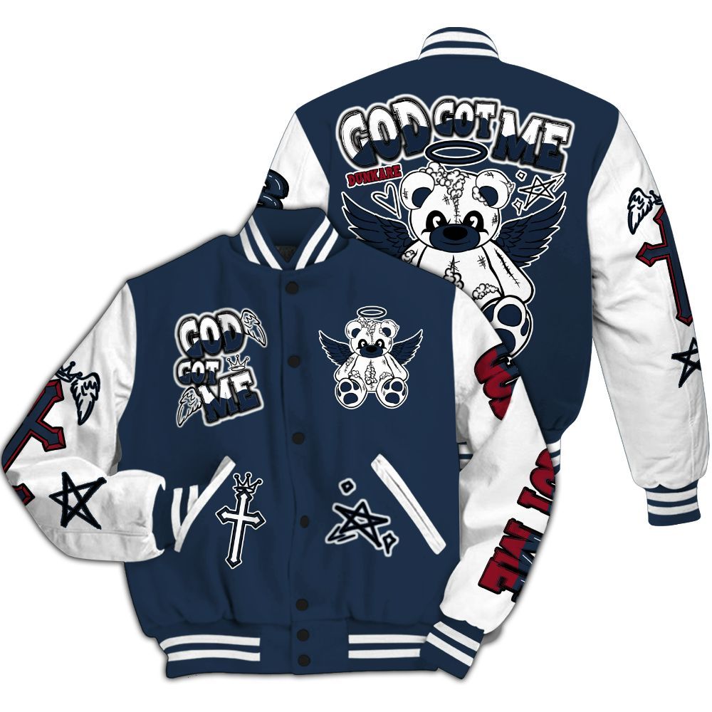 Varsity Jacket To Match White Midnight Navy 6s - Gods Guides Me Bear White All Over Print
