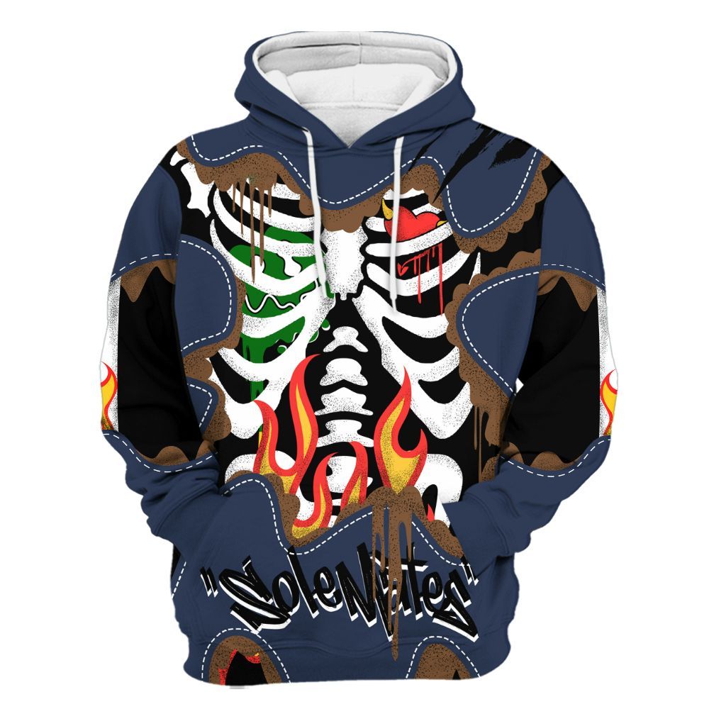 Hoodie To Match Midnight Navy 13s - Skeleton Burning Heart Drip All Over Print