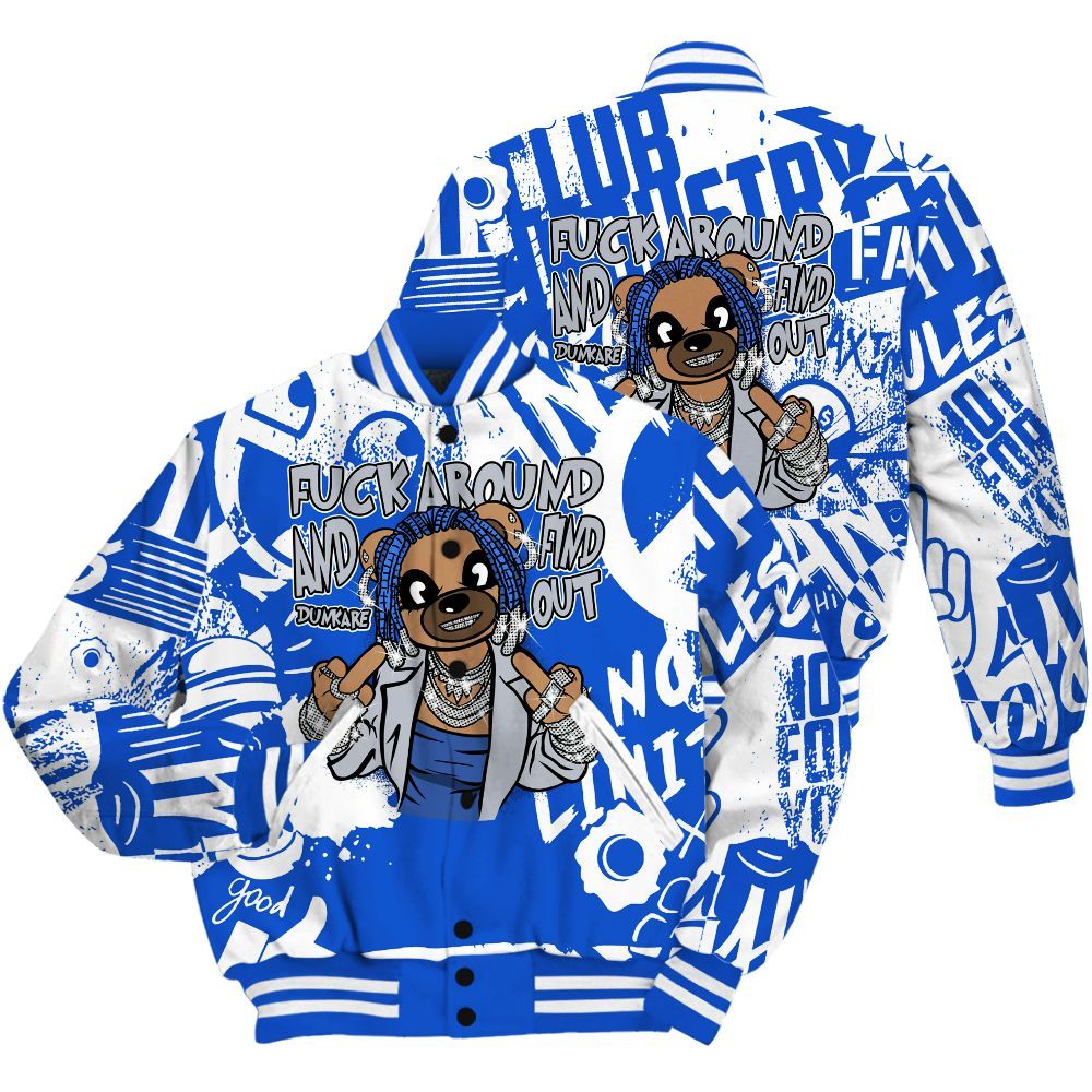 Varsity Jacket To Match Air Foamposite One Royal Shirt - F#ck Around Bear Bear Monogram Graffiti All Over Print