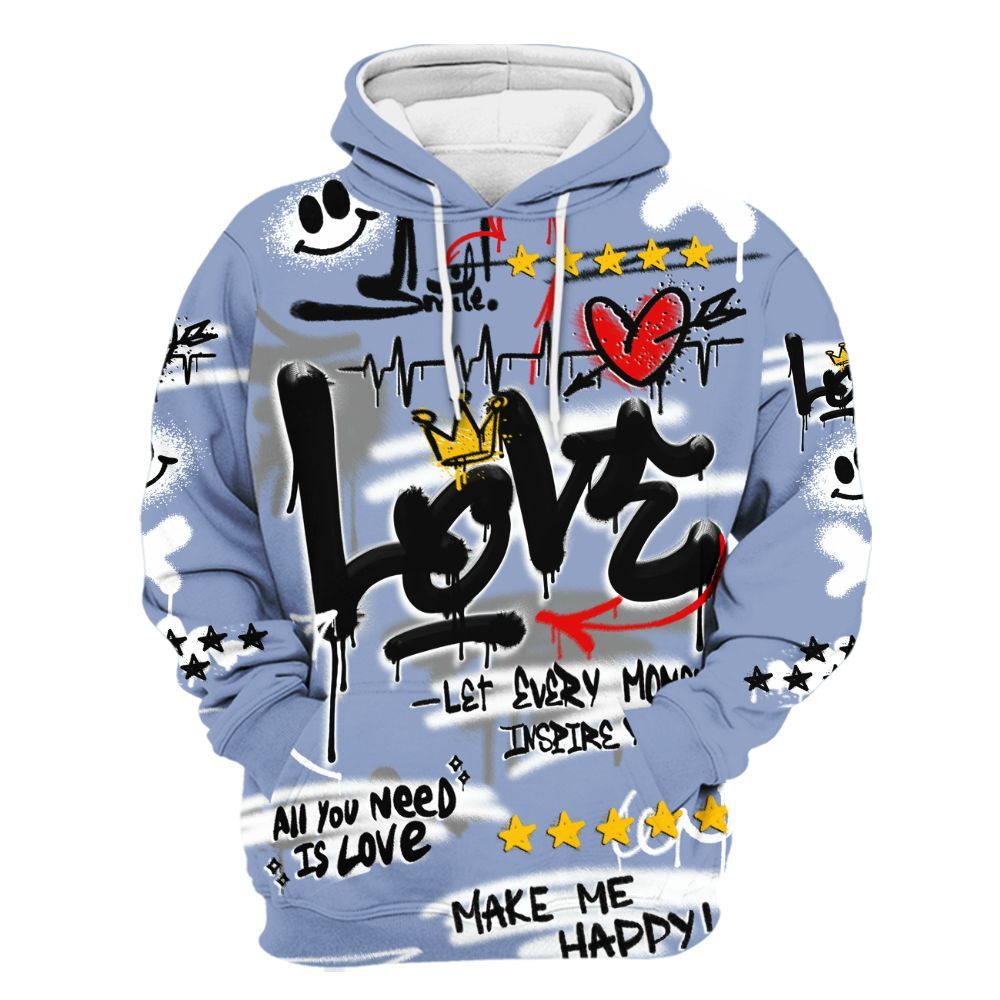 Hoodie To Match Retro Blue Grey 13s - Happy Love Beats Graffiti Streetwear All Over Print