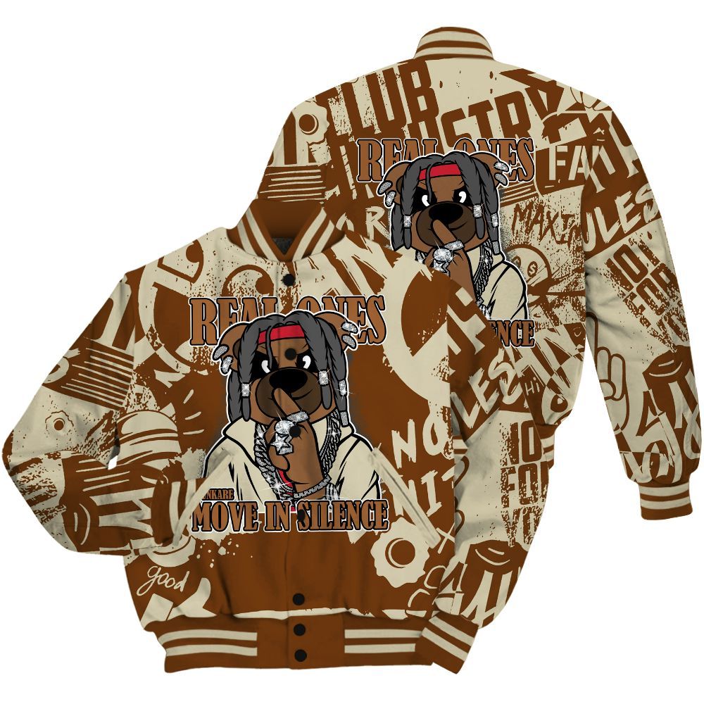Varsity Jacket To Match Archaeo Brown 5s Shirt - Silent Achievers Bear Monogram Graffiti All Over Print