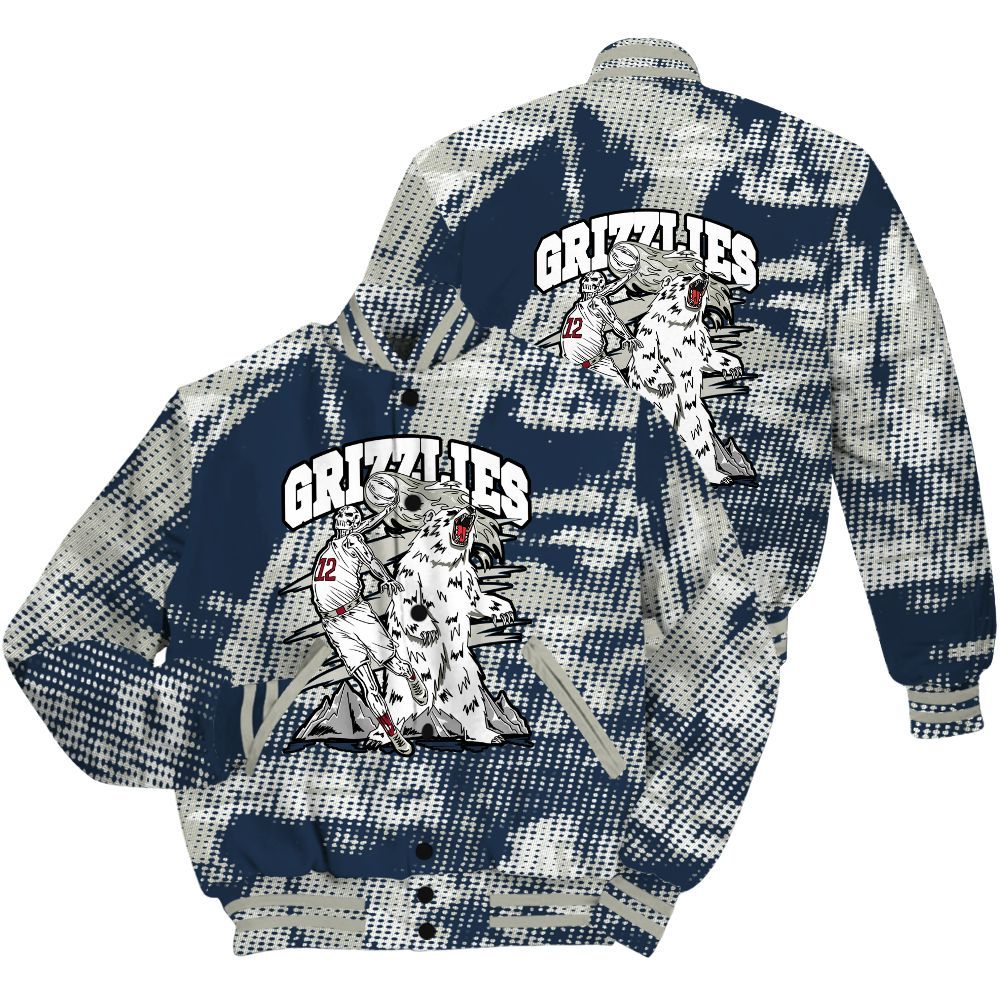 Varsity Jacket To Match Navy Blue 2024 6s Shirt - Grizzly Bear Skeleton Brown Sugar All Over Print