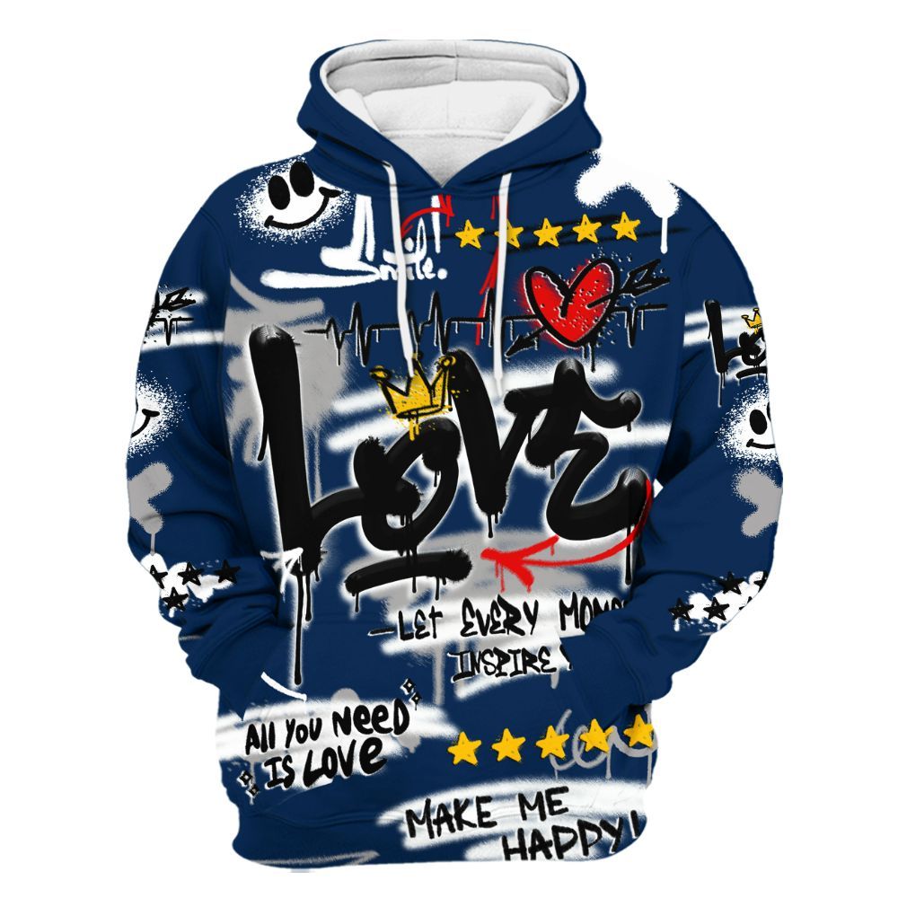Hoodie To Match SB White Navy 4s - Happy Love Beats Graffiti Streetwear All Over Print