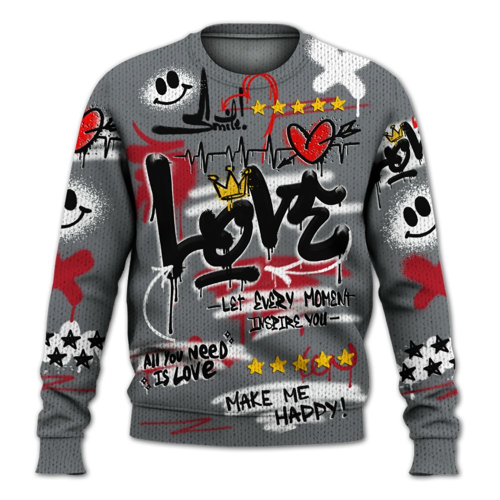 Knitted Sweater To Match Retro Fire Red 9s - Happy Love Beats Graffiti Streetwear