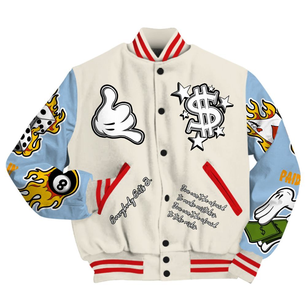 Varsity Jacket To Match Retro High OG Pale Ivory Psychic Blue 1s - Everybody Paid In Full Graphic All Over Print