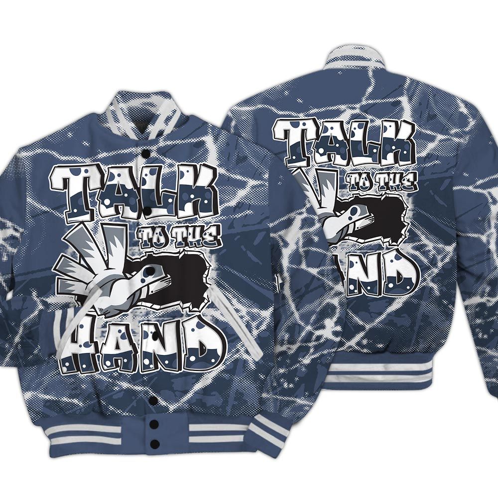 Varsity Jacket To Match Low Diffused Blue 11s - Talk To Hand Profound Graphic Varsity Jacket Unisex