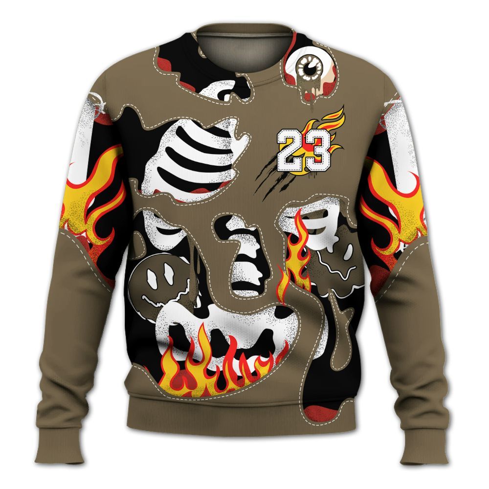 Sweatshirt To Match Olive 9s - Skeleton Smile Flame Drip All Over Print
