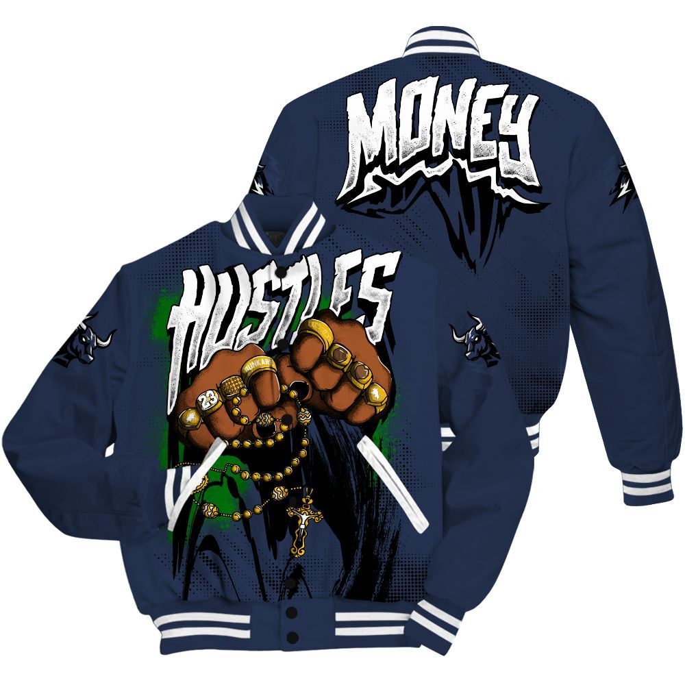 Varsity Jacket To Match Midnight Navy 13s - Hustle Make Money All Over Print