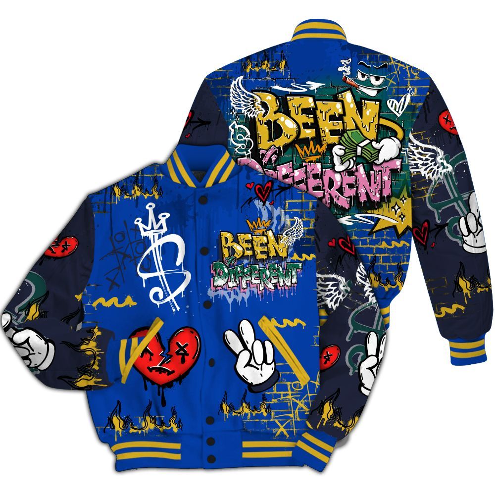 Varsity Jacket To Match Brazil Racer Blue Yellow 3s - Been Dif2erent Drip Graffiti All Over Print