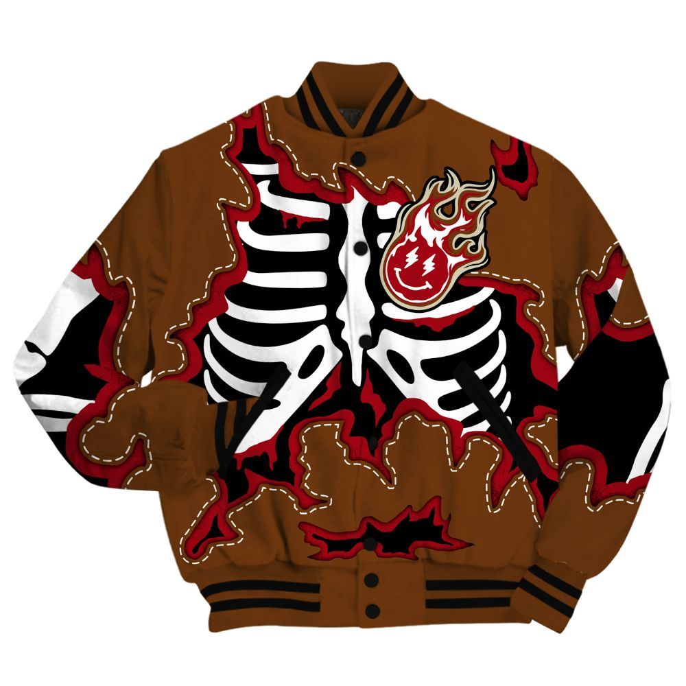 Varsity Jacket To Match Archaeo Brown 5s Shirt, Skeleton Smiley Face All Over Print
