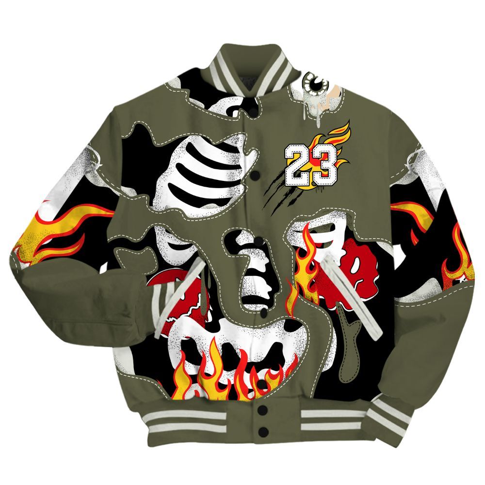 Varsity Jacket To Match Travis Scott Low OG Medium Olive 1s - Skeleton Smile Flame Drip All Over Print