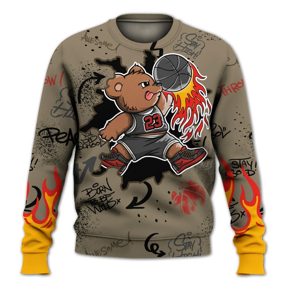 Sweatshirt To Match Olive 9s - Number 23 Basketball Bear Custom Name All Over Print
