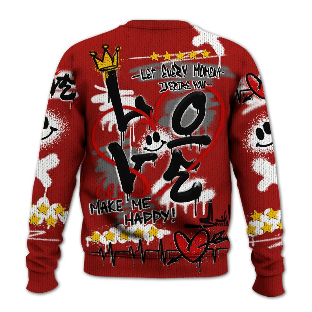 Knitted Sweater To Match High OG Varsity Red 1s - Happy Love Beats Graffiti Streetwear