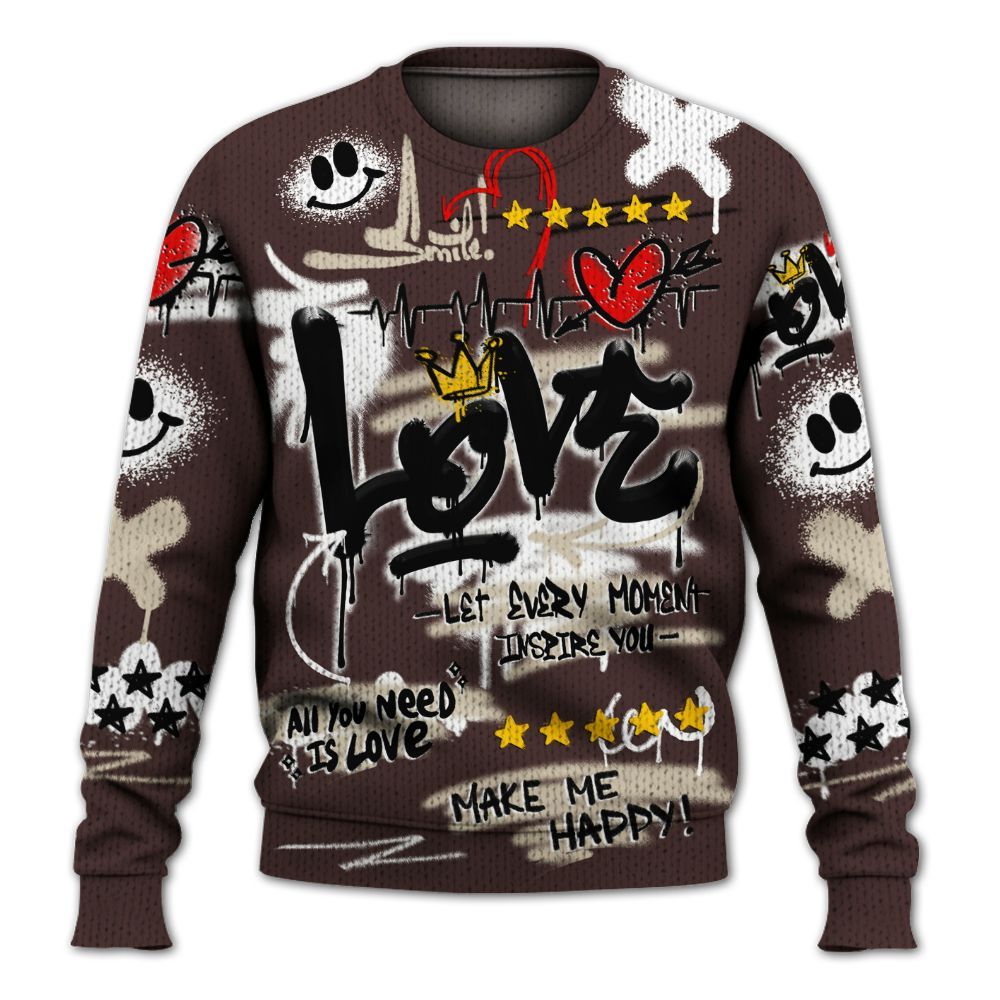 Knitted Sweater To Match Burgundy Crush 3s - Happy Love Beats Graffiti Streetwear