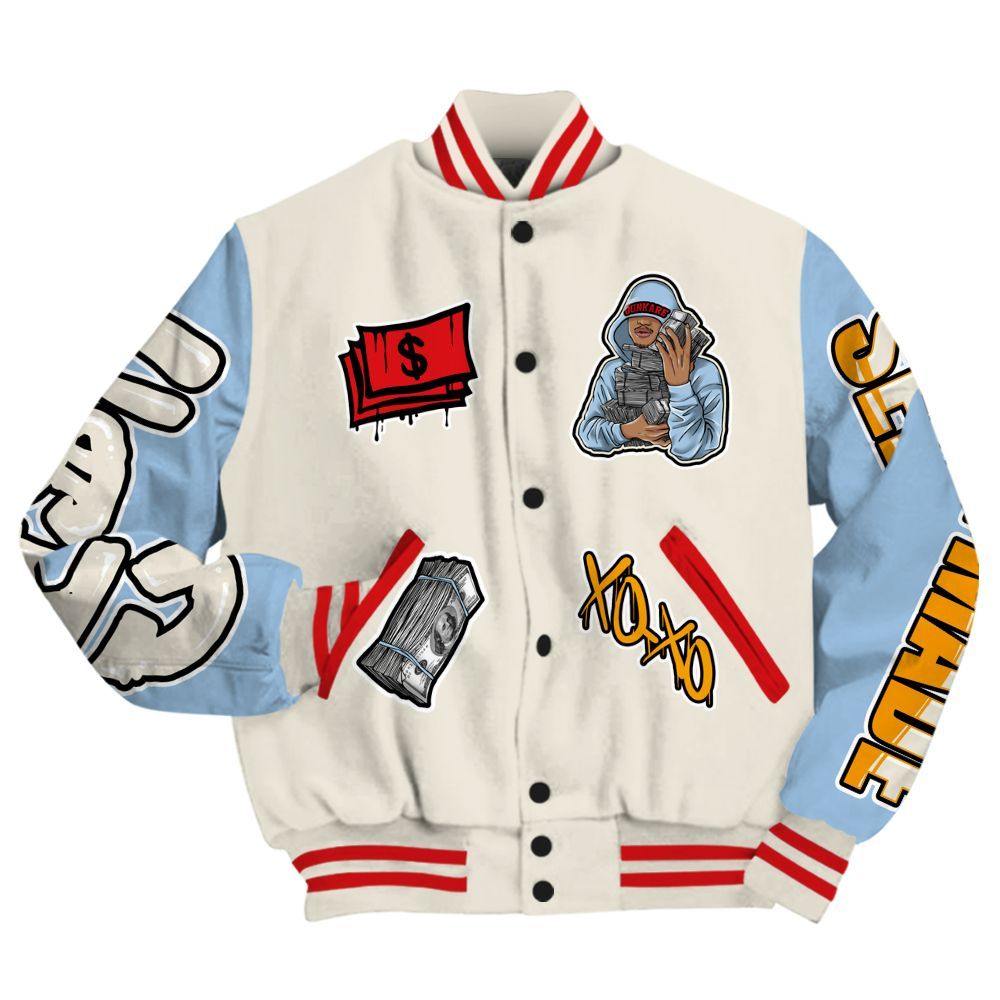 Varsity Jacket To Match Retro High OG Pale Ivory Psychic Blue 1s - Selfmade Unique All Over Print