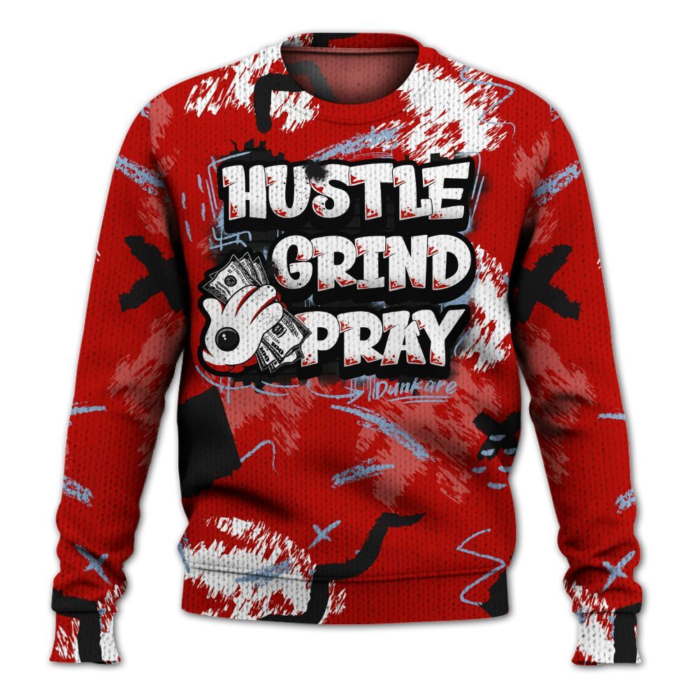 Sweater To Match OG Fire Red 5s - Hustle Grind Pray Graphic