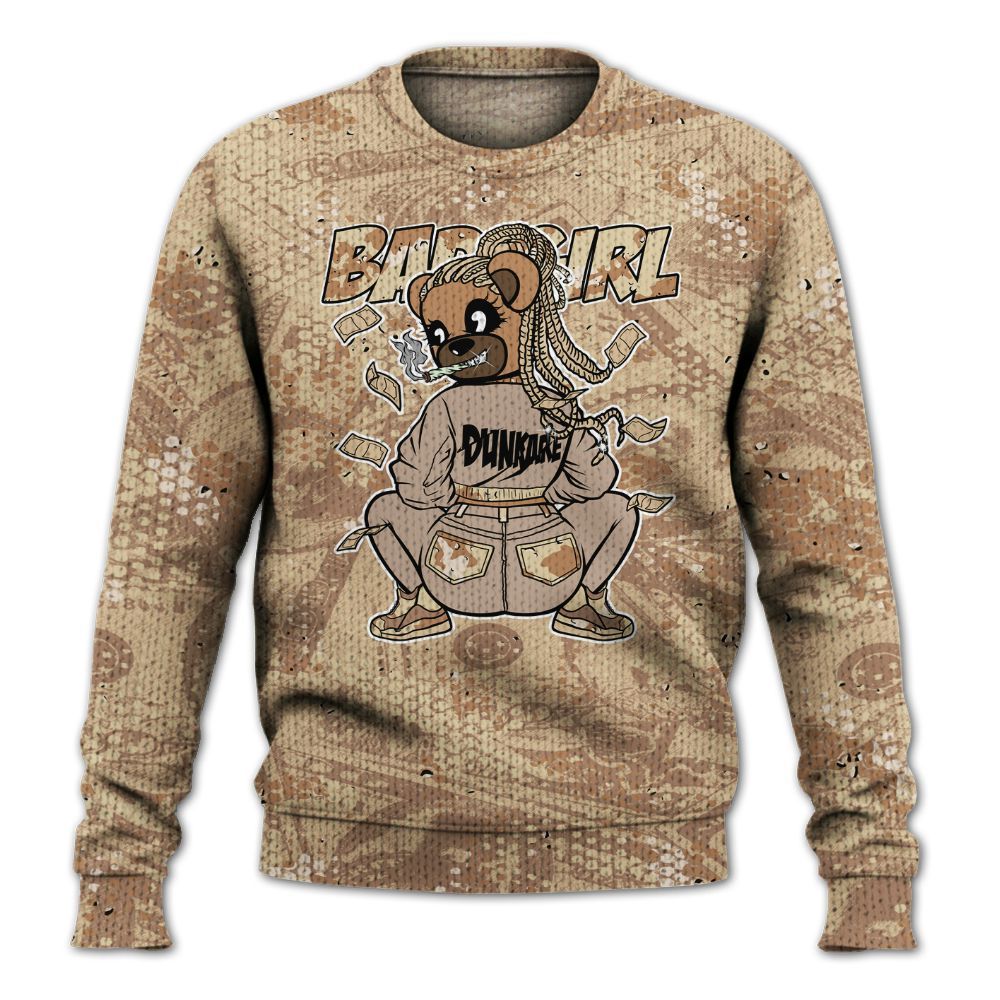 Knitted Sweater To Match Desert Camo 3s - Rebellious Girl Bear Banknotes Art