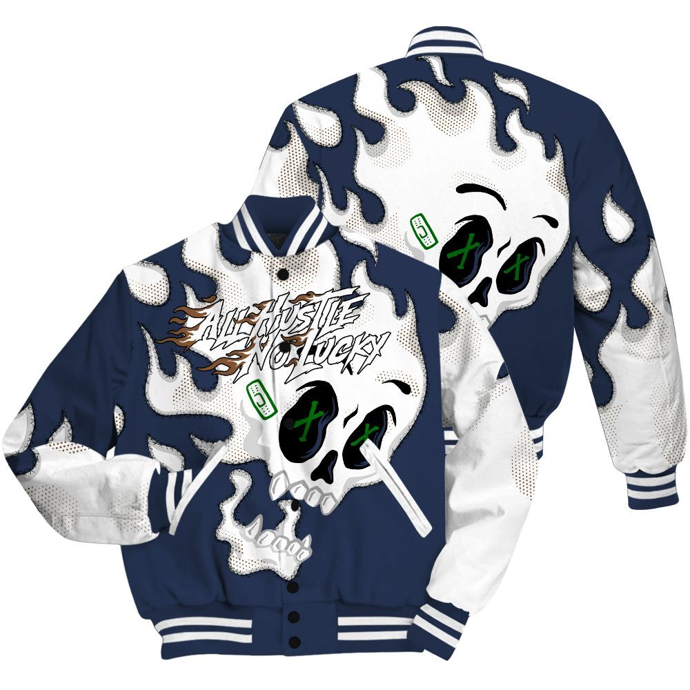 Varsity Jacket To Match Midnight Navy 13s Shirt, All Hustle No Lucky Skull All Over Print