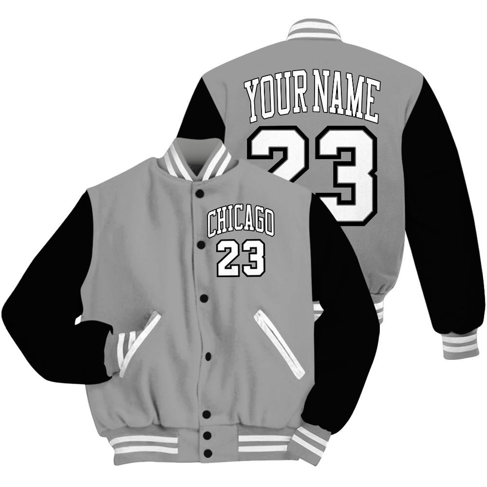 Varsity Jacket To Match Black Wolf Grey 12s - Custom Name Chicago 23 All Over Print