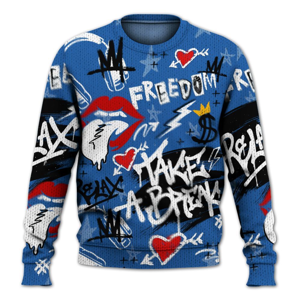 Knitted Sweater To Match Brave Blue 13s - Take Break Freedom Graffiti Streetwear