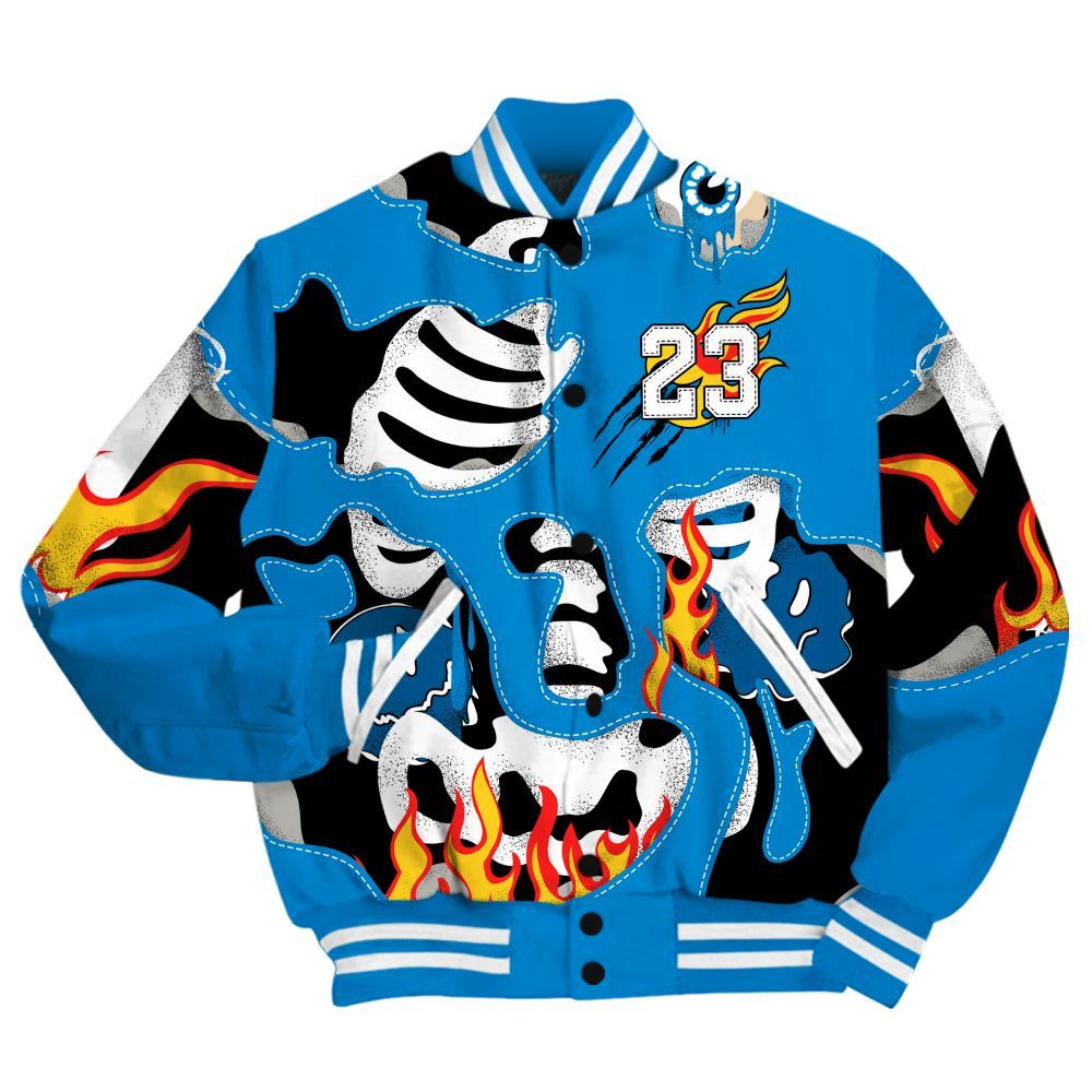 Varsity Jacket To Match Industrial Blue 4s - Skeleton Smile Flame Drip Military Blue 4s All Over Print