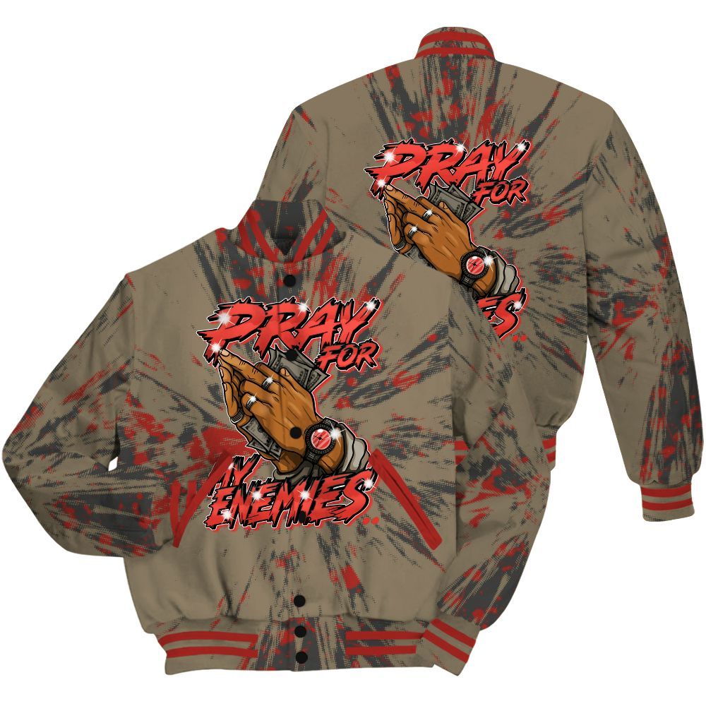Varsity Jacket To Match Olive 9s Shirt - Prayed For Enemies Graphic Luxury All Over Print