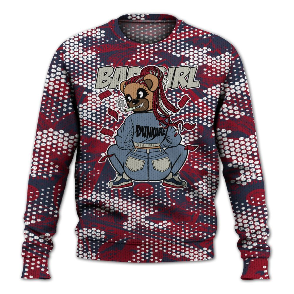 Knitted Sweater To Match Navy Blue 2024 6s - Rebellious Girl Bear Banknotes Art